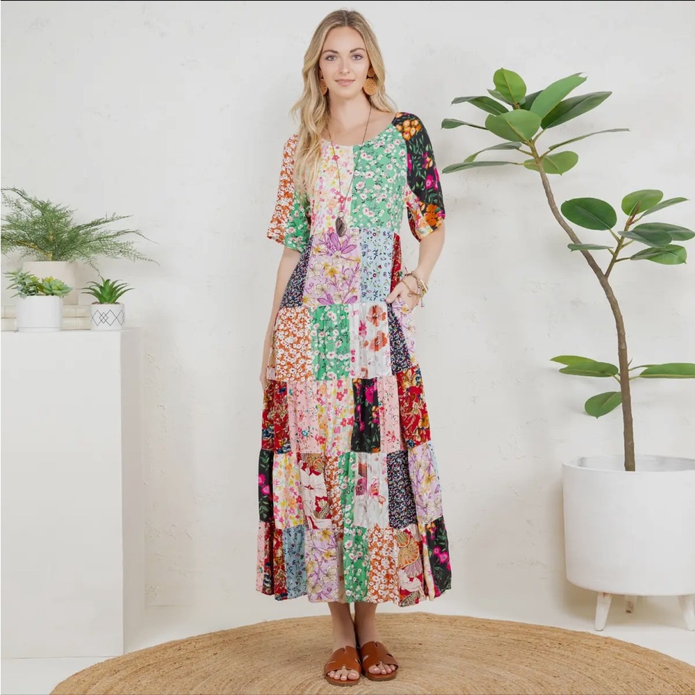 YOUNG THREADS Boho Multicolor Floral Patchwork Flowing Tiered Maxi Dress, M - Picture 3 of 8